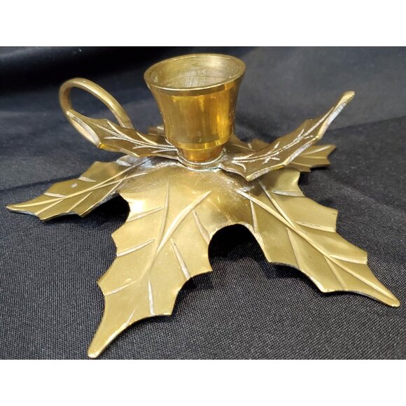 Vintage Brass Holly Leaf CHRISTMAS CANDLE HOLDER taper candlestick metal leaves - Picture 2 of 7
